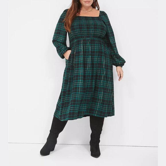 Lane Bryant Green Plaid Lurex Square-Neck Smocked Midi Dress Size 18/20 2X - Picture 1 of 7